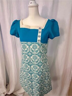 Teal and Cream Vintage Style Patterned Casual Dress with Puff Sleeves